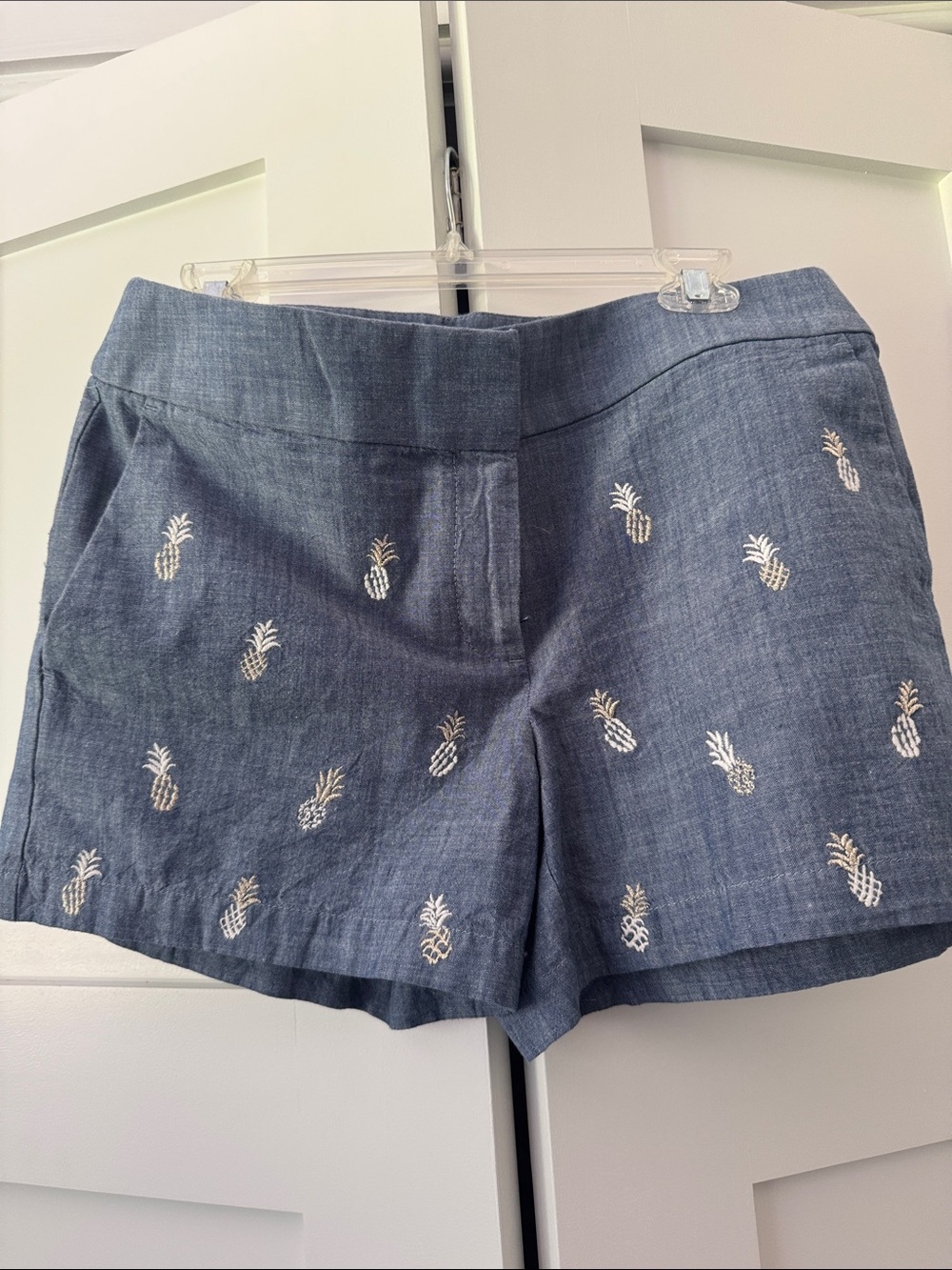 LOFT Blue lite Jean Embroidered Pineapple High-Waist Shorts